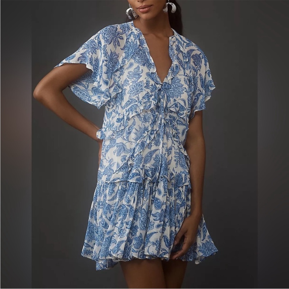 Maeve Anthropologie Blue White Floral Ruffle Mini Dress Medium
